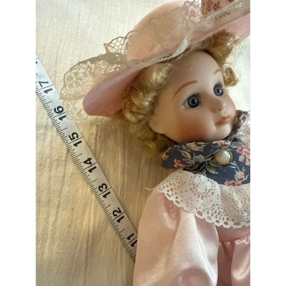 Victorian Treasures 1991 Porcelain Bisque Doll Blue Eyes Pink Floral Dress Stand
